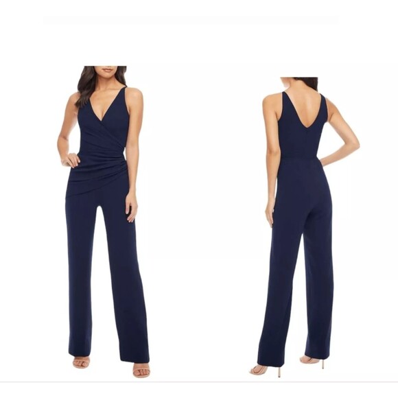 DRESS THE POPULATION Sam Jumpsuit S Navy Blue Crepe Sleeveless Flare Leg EUC B74 - Picture 1 of 5